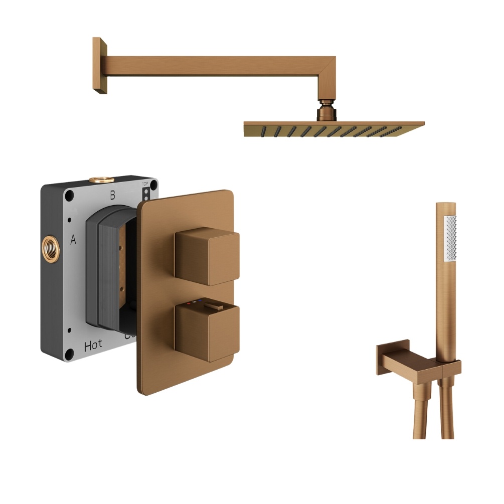 Product Cut out image of the Abacus Square Brushed Bronze 2 Outlet Shower Pack with Fixed Head & Handset